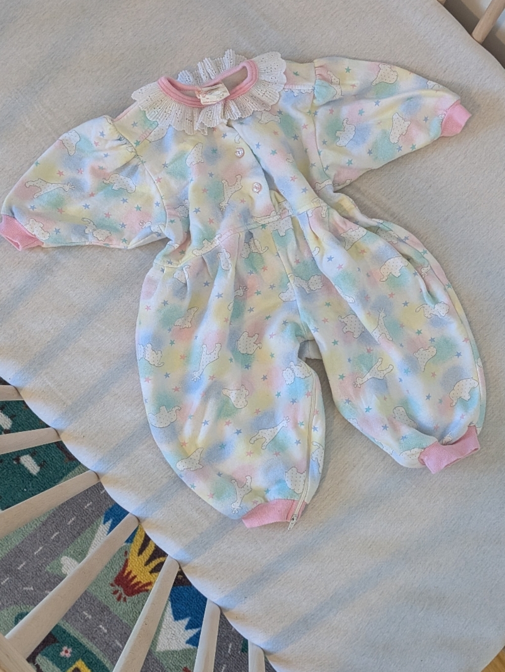VINTAGE - 12-18M 80's Onesie Pastel Unicorn Baby Romper with Lace Collar